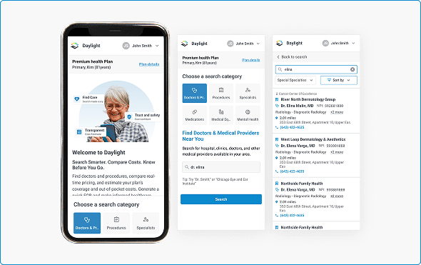 The Find Care portal on mobile — the home screen, category selection, and provider search results shown across three phone screens