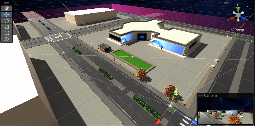 Top-down layout of the Nepverse outdoor city scene, blocked out in Unity
