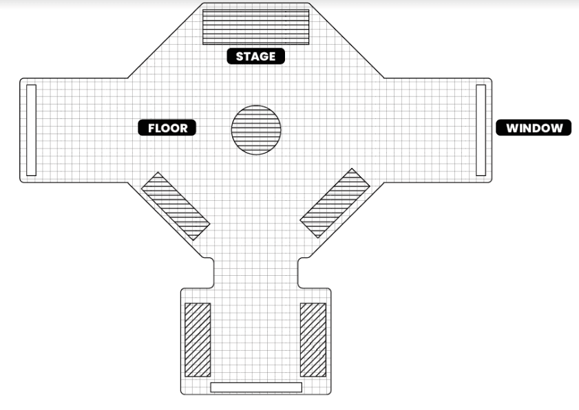 Floor plan of the exhibition hall — stage, floor, and window areas — sketched in Illustrator