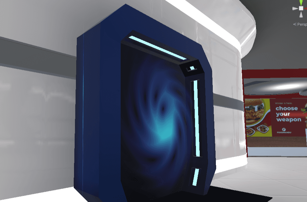 Close-up of a portal gate model in Unity, with a swirling blue transition effect