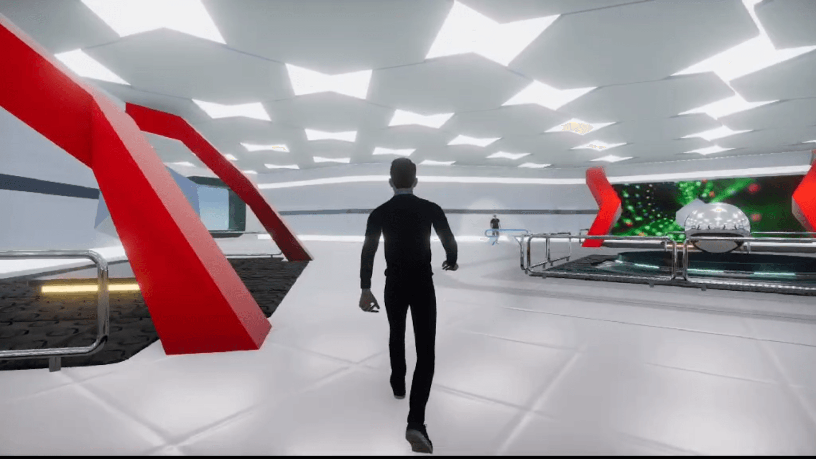 Interior of the Nepverse exhibition hall with product booths and screens